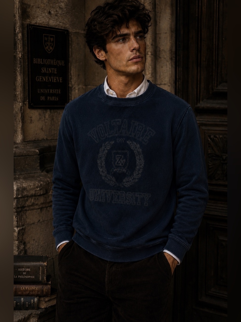 Zadig & Voltaire Stony Blason Sweatshirt XL Faded Navy Luxe Preppy Dark Academia
